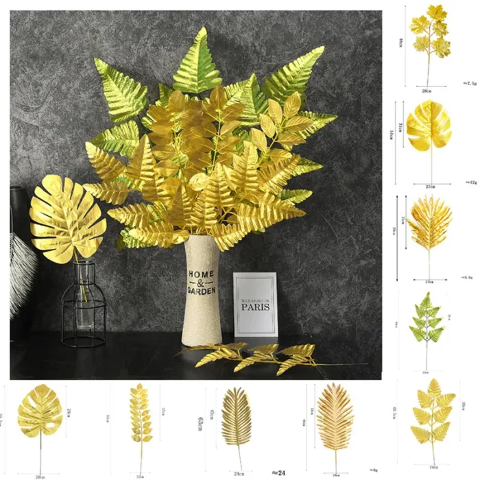 1 PC Hot Plastic Artificial Leaves For Home Decoration Golden Plant Leaves For Morden Party New Year Adornment 30cm - Image 1