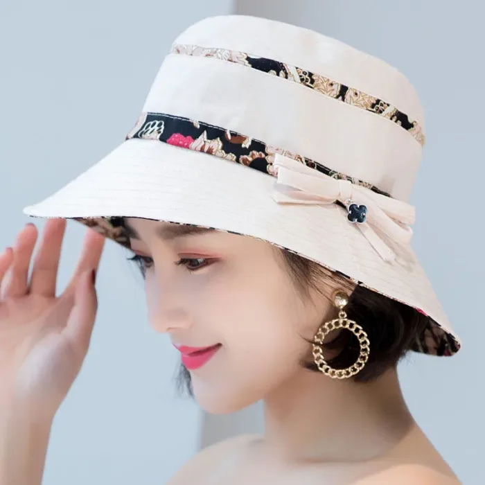 W85 Hat Women's Simple Fashion Ethnic Style Sun Hat Diagonal Wide Brim UV Protection Basin Hat Cotton Hat - Image 6