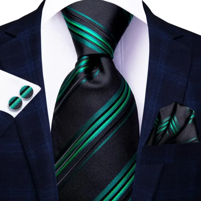 Hi-Tie Designer Black Blue Striped 63inch Silk Men Tie Extra Long Ties for Men Woven Classic 160cm Men Necktie Pocket Square Set - Image 8