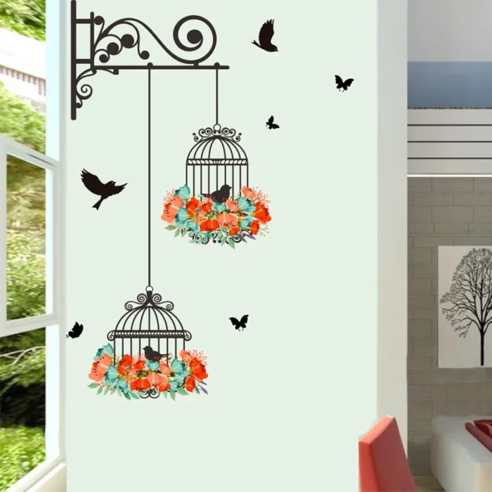 Colorful Flower Birdcage Flying Birds Wall Sticker Creative Home Decor Living Room Decals Wallpaper Bedroom Nursery Window Decor - Image 1