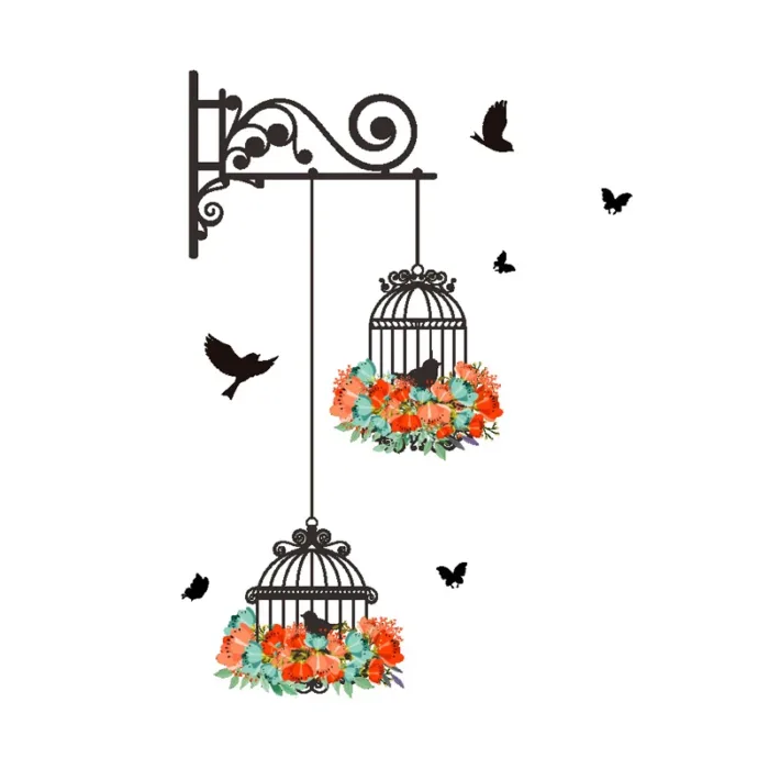 Colorful Flower Birdcage Flying Birds Wall Sticker Creative Home Decor Living Room Decals Wallpaper Bedroom Nursery Window Decor - Image 6