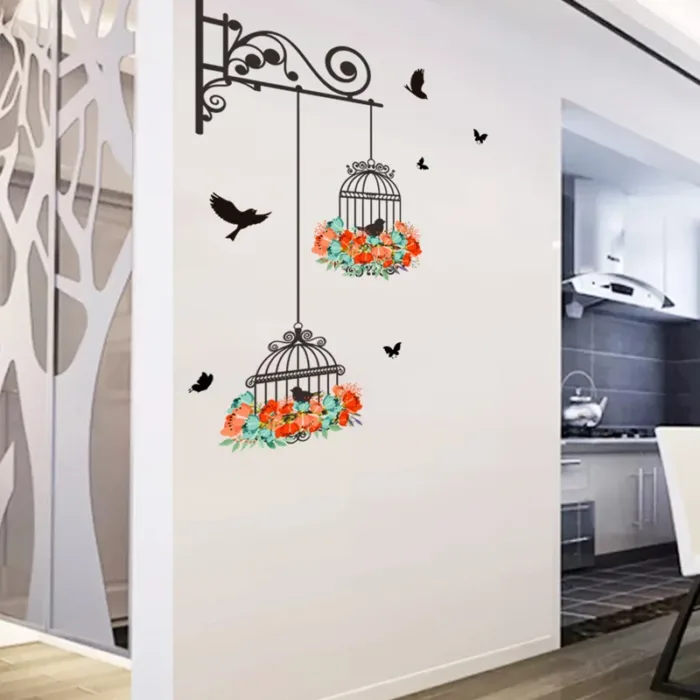 Colorful Flower Birdcage Flying Birds Wall Sticker Creative Home Decor Living Room Decals Wallpaper Bedroom Nursery Window Decor - Image 3