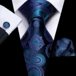Hi-Tie Designer Black Blue Striped 63inch Silk Men Tie Extra Long Ties for Men Woven Classic 160cm Men Necktie Pocket Square Set - Image 2