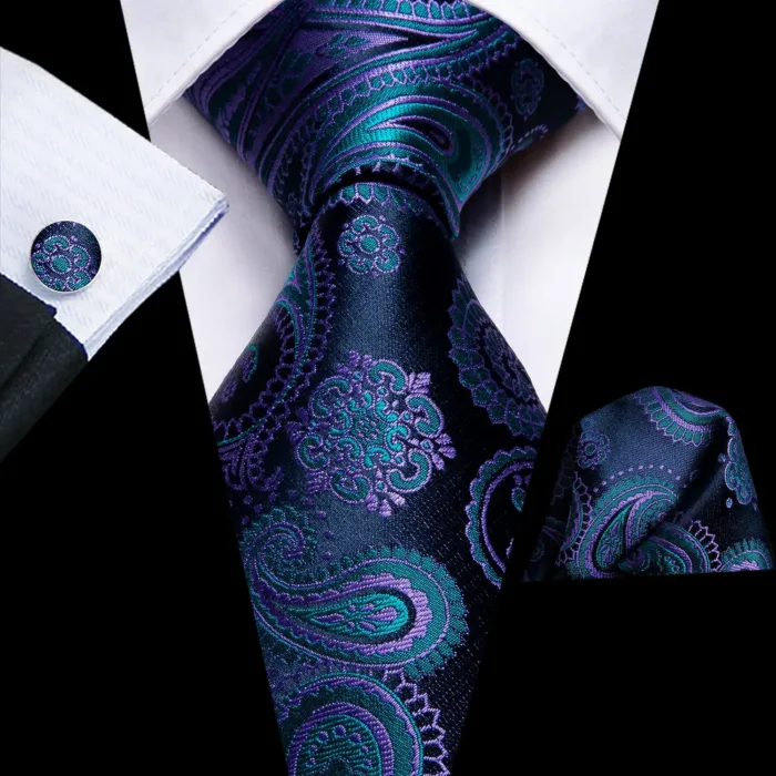 Hi-Tie Designer Black Blue Striped 63inch Silk Men Tie Extra Long Ties for Men Woven Classic 160cm Men Necktie Pocket Square Set - Image 2