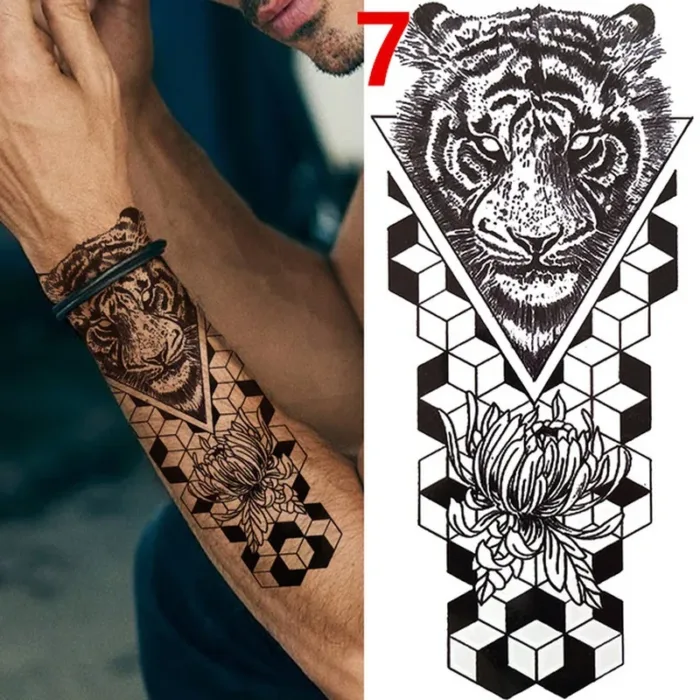 1PC Black Forest Tattoo Sticker For Men Women Tiger Wolf Death Skull Temporary  Fake Henna Skeleton King Animal Tatoo - Image 8