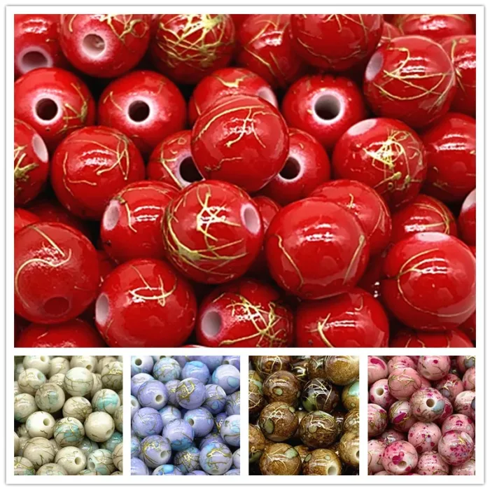 50pcs 8mm Printing Gold Color Wire Round Bead Acrylic Beads for Jewelry Making  DIY Accessory #RoLi - Image 1
