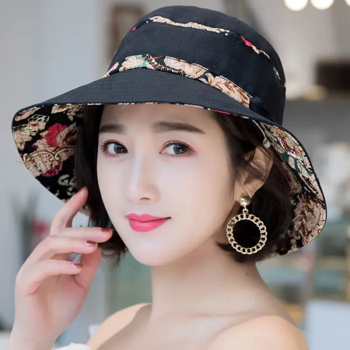 W85 Hat Women's Simple Fashion Ethnic Style Sun Hat Diagonal Wide Brim UV Protection Basin Hat Cotton Hat - Image 2