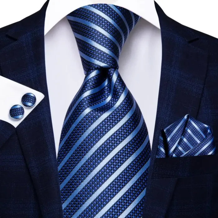 Hi-Tie Designer Black Blue Striped 63inch Silk Men Tie Extra Long Ties for Men Woven Classic 160cm Men Necktie Pocket Square Set - Image 33