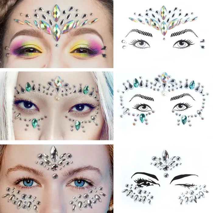3D Sexy Face Tattoo Stickers Shiny Face Decoration Glitter Fake Tattoo Rhinestones Trendy Acrylic Drill Temporary Tattoo Sticker - Image 2