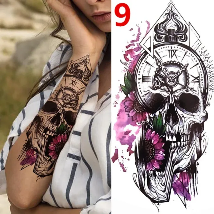 1PC Black Forest Tattoo Sticker For Men Women Tiger Wolf Death Skull Temporary  Fake Henna Skeleton King Animal Tatoo - Image 10