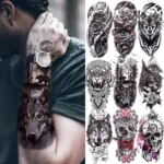 1PC Black Forest Tattoo Sticker For Men Women Tiger Wolf Death Skull Temporary  Fake Henna Skeleton King Animal Tatoo