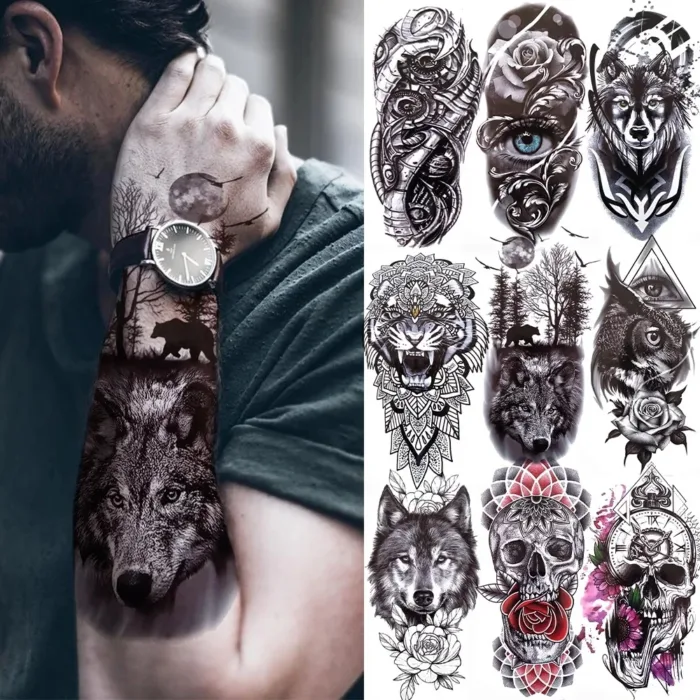 1PC Black Forest Tattoo Sticker For Men Women Tiger Wolf Death Skull Temporary  Fake Henna Skeleton King Animal Tatoo - Image 1