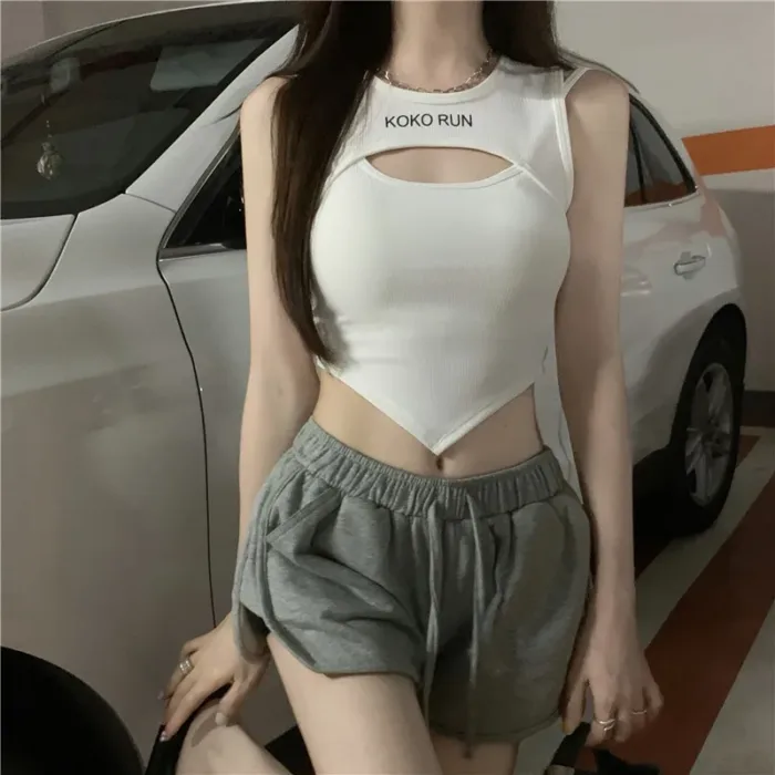 Casual Crop Tops Women Knit Irregular Tops Hollow Out Camisole Spicy Girl Outfit Female Fake Two Pieces Tank Tops with Bra Pad - Image 5
