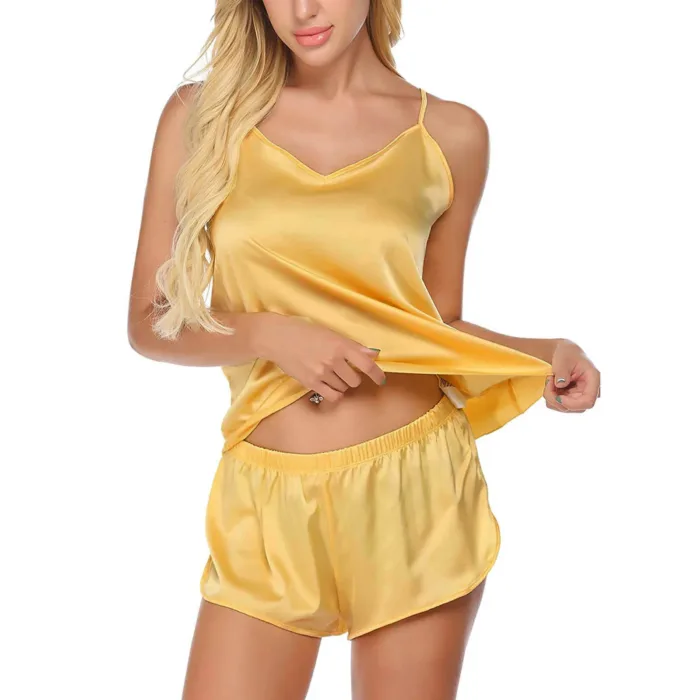 Two Piece Suit Women Pajamas Sexy Sling V Neck Sleepwear Satin Top And Shorts Splicing Lace Solid Nightclothes Female Pijama Set - Image 4