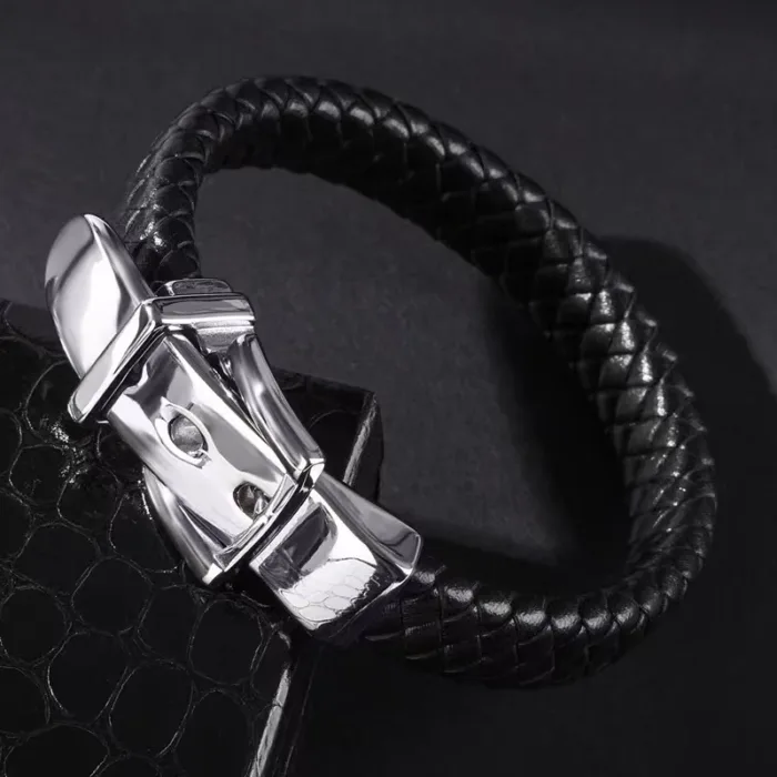 European and American Style Belt Buckle Stainless Steel Trendy Punk Style Men's Bracelet Multicolor Wide Leather Rope Bracelet - Image 3
