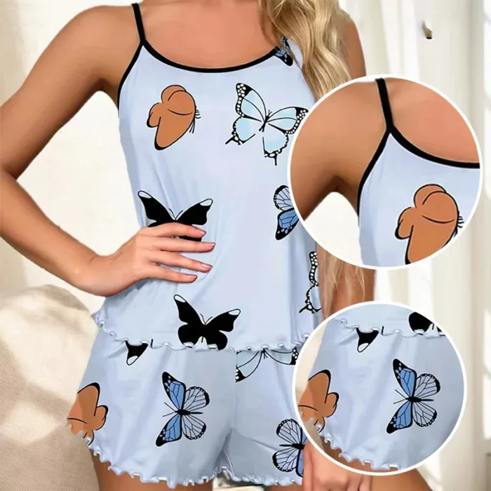 Women's Comfortable Casual Printed Butterfly Camouflage Top and Shorts Pajama Set Women's Blue Pajama Printed Home Pajama Set - Image 5