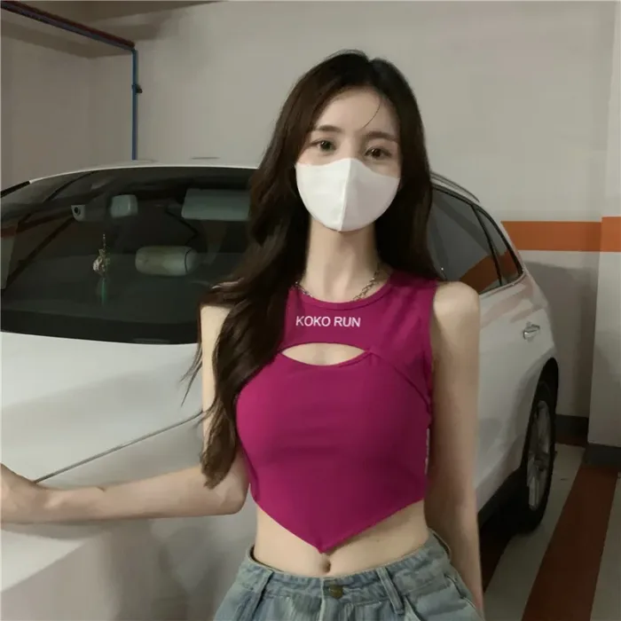 Casual Crop Tops Women Knit Irregular Tops Hollow Out Camisole Spicy Girl Outfit Female Fake Two Pieces Tank Tops with Bra Pad - Image 8