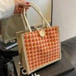 Women Woven Handbag Tote Bag Korean Style Ladies Button Handheld Linen Bags Button/Zipper Handheld Linen Bags Small Shopping Bag - Image 4
