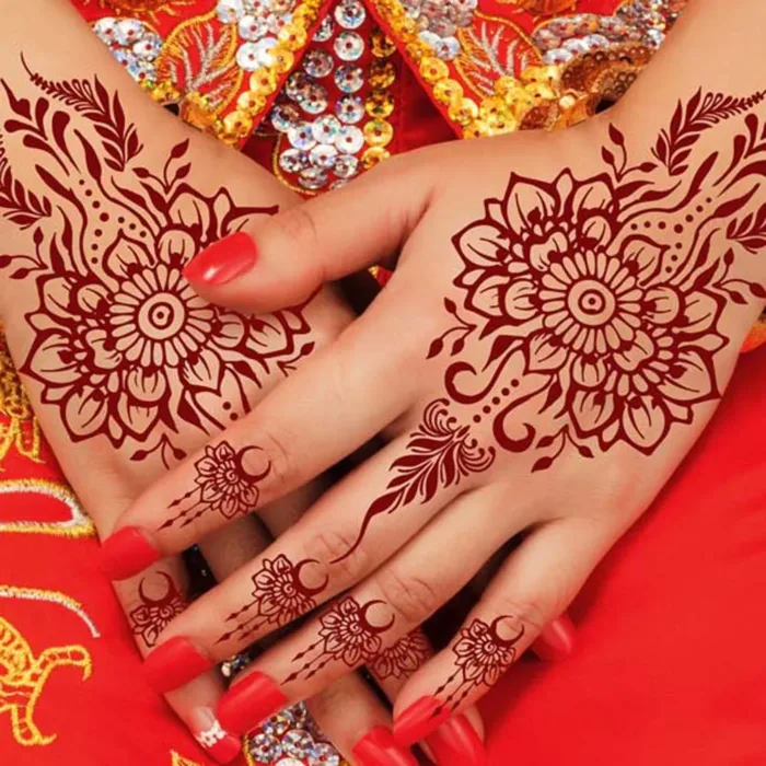 Red Lace Henna Tattoo Sexy Maroon Tattoo Stickers Waterproof India Mehndi Design Temporary Tattoos Finger Hand Tattoo for Women - Image 1