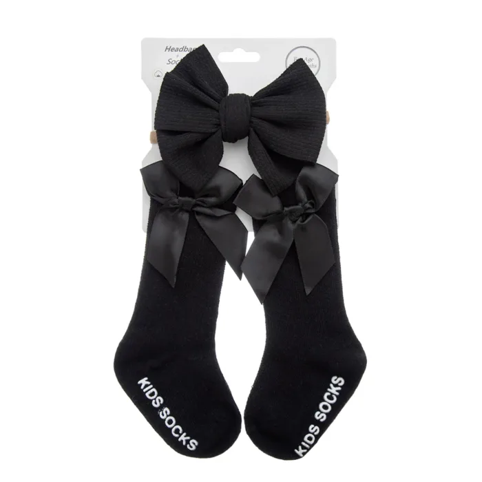 3Pcs/Set Baby Cotton Knee Socks Silk Stain Hair Bow Headbands Non-slip 0-12M Long Leggings Stockings Nylon Hairbands Infant Sock - Image 9