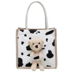 Girls Simple Cute Bear Handbag Ladies Fashion Commuter Canvas Bag Cubic Bear Decoration Canvas Material - Image 3