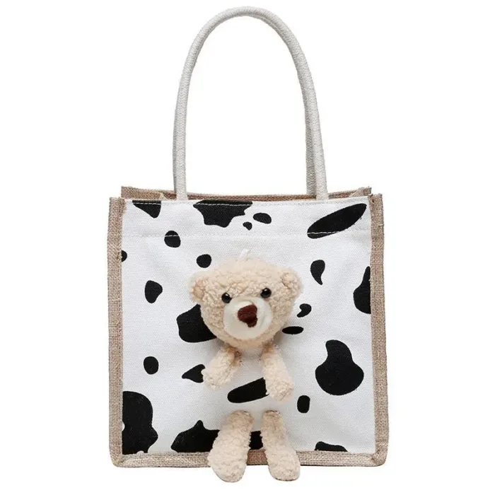 Girls Simple Cute Bear Handbag Ladies Fashion Commuter Canvas Bag Cubic Bear Decoration Canvas Material - Image 3
