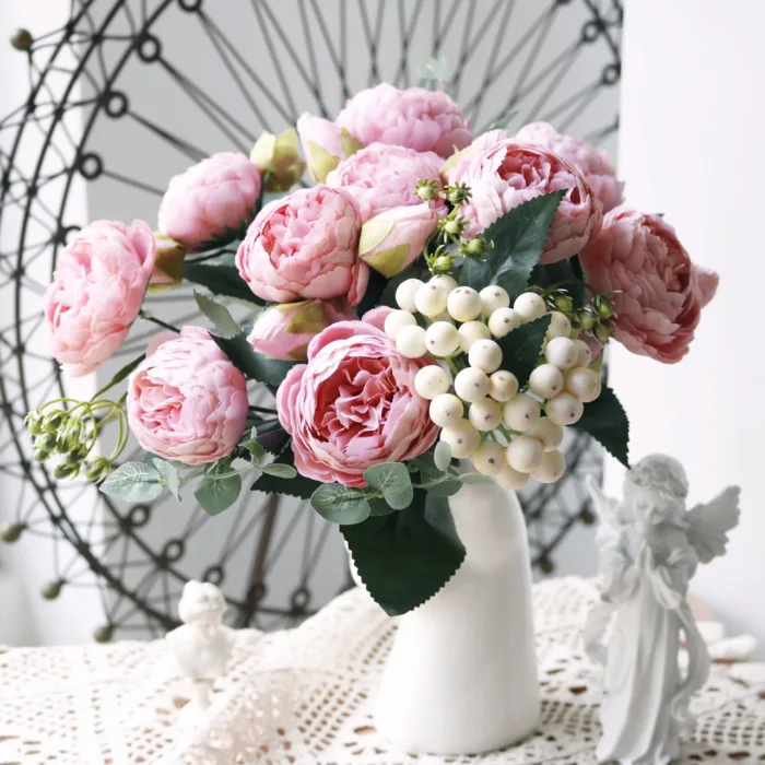 30cm Rose White Peony Artificial Flowers Bouquet 5 Big Head and 4 Bud Cheap Fake Flowers for Home Wedding Decoration Indoor - Image 2