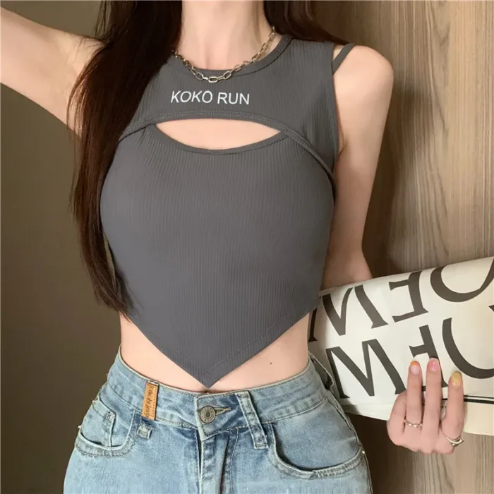 Casual Crop Tops Women Knit Irregular Tops Hollow Out Camisole Spicy Girl Outfit Female Fake Two Pieces Tank Tops with Bra Pad - Image 6