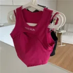 Casual Crop Tops Women Knit Irregular Tops Hollow Out Camisole Spicy Girl Outfit Female Fake Two Pieces Tank Tops with Bra Pad - Image 4