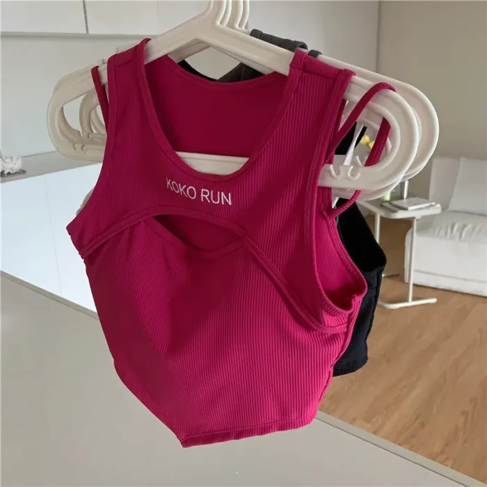 Casual Crop Tops Women Knit Irregular Tops Hollow Out Camisole Spicy Girl Outfit Female Fake Two Pieces Tank Tops with Bra Pad - Image 4