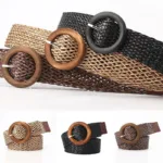 Braided Waist Belt Black Coffee Female Belt Vintage Boho Round Wooden Smooth Buckle Fake Straw Wide Belts Waist Strap For Women - Image 2