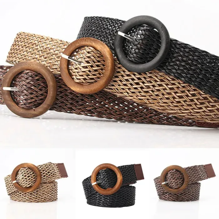 Braided Waist Belt Black Coffee Female Belt Vintage Boho Round Wooden Smooth Buckle Fake Straw Wide Belts Waist Strap For Women - Image 2