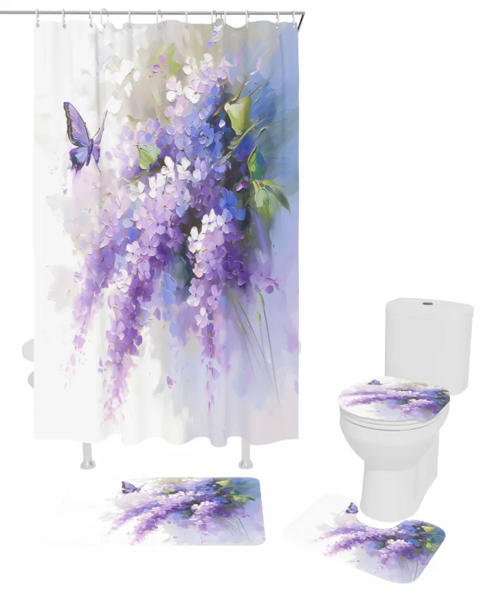 Oil Painting Purple Lavender Butterfly Shower Curtain Set Non-Slip Rugs Bath Mat Toilet Lid Cover Waterproof Bathroom Curtain - Image 1