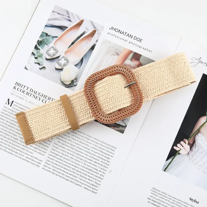 Vintage Bohemian Square Buckle Elastic Braided Belts Women Summer Wild Linen Weave Fake Straw Waist Belt Dress Shirt Decoration - Image 22