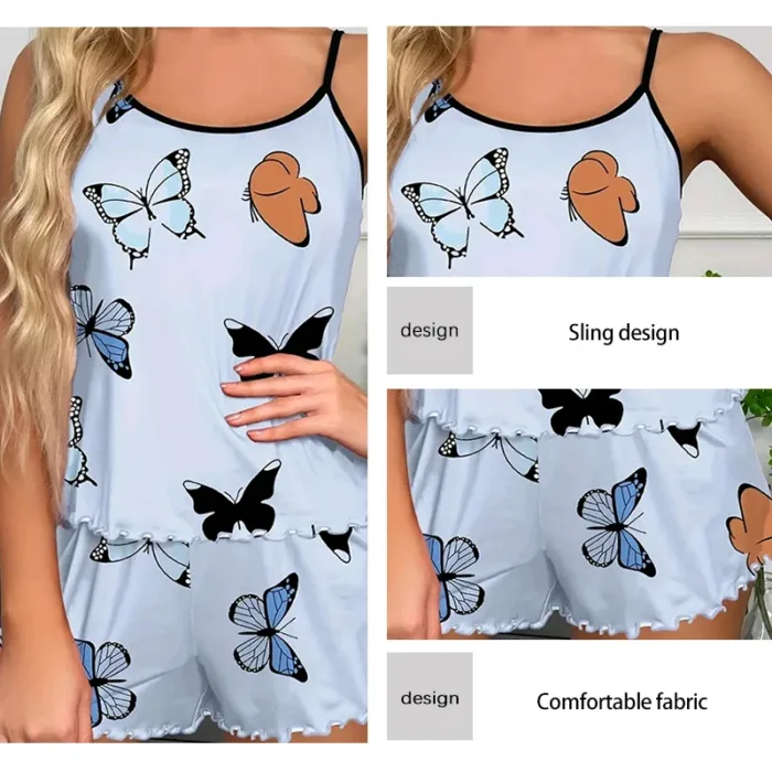 Women's Comfortable Casual Printed Butterfly Camouflage Top and Shorts Pajama Set Women's Blue Pajama Printed Home Pajama Set - Image 4