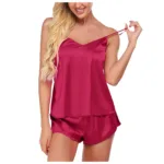 Two Piece Suit Women Pajamas Sexy Sling V Neck Sleepwear Satin Top And Shorts Splicing Lace Solid Nightclothes Female Pijama Set - Image 2