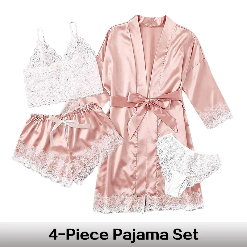 S181692827d6c458b93777d2bdfde8b34h.webp Women's Summer Sexy Pajama Pants Set 4 Pieces Lace Satin With Silk Sleepwear Robe Fashion And Comfortable Nightwear - Image 1