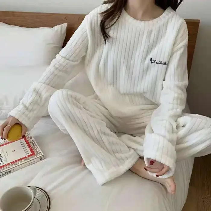 Autumn Women Solid Warm 2 Piece Sets Thicken Velvet Ribbed Fleece Set Pullover And Pants Women Casual Pajama Sets 2024 - Image 17