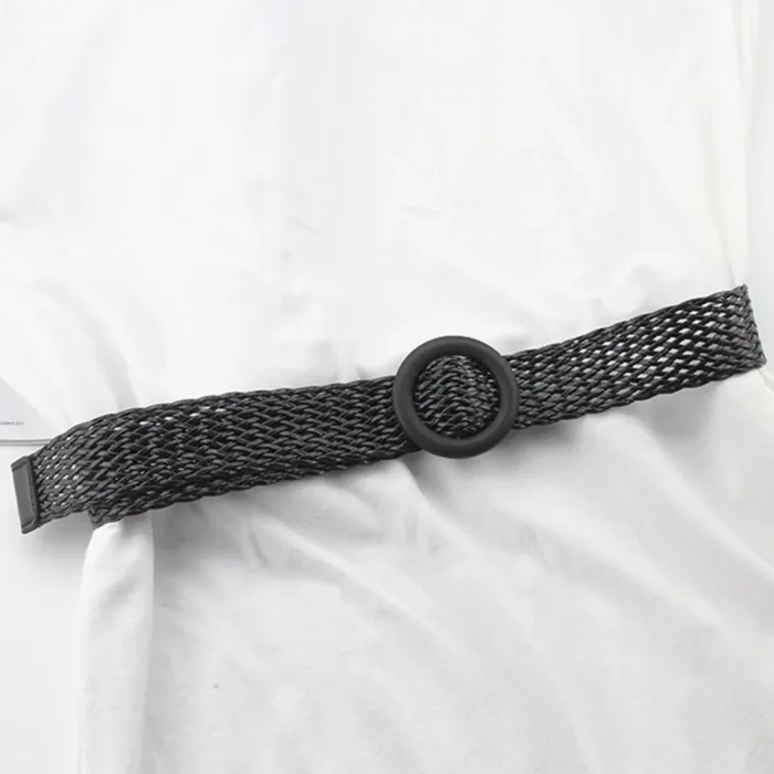 Braided Waist Belt Black Coffee Female Belt Vintage Boho Round Wooden Smooth Buckle Fake Straw Wide Belts Waist Strap For Women - Image 10