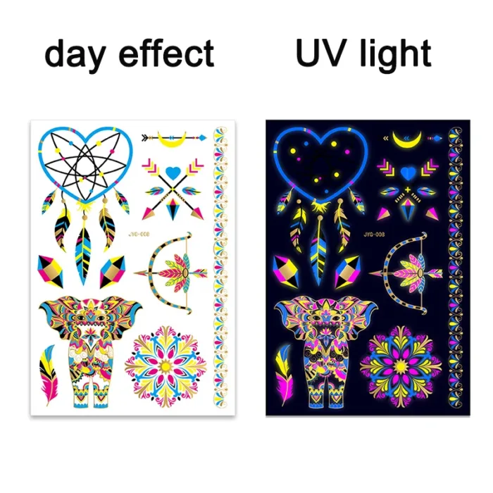 Luminous Temporary Tattoos Stickers Fluorescent Neon In Dark Illuminate Tattoo Elephant/Love Heart Shoulder Tattoo Party Sticker - Image 12