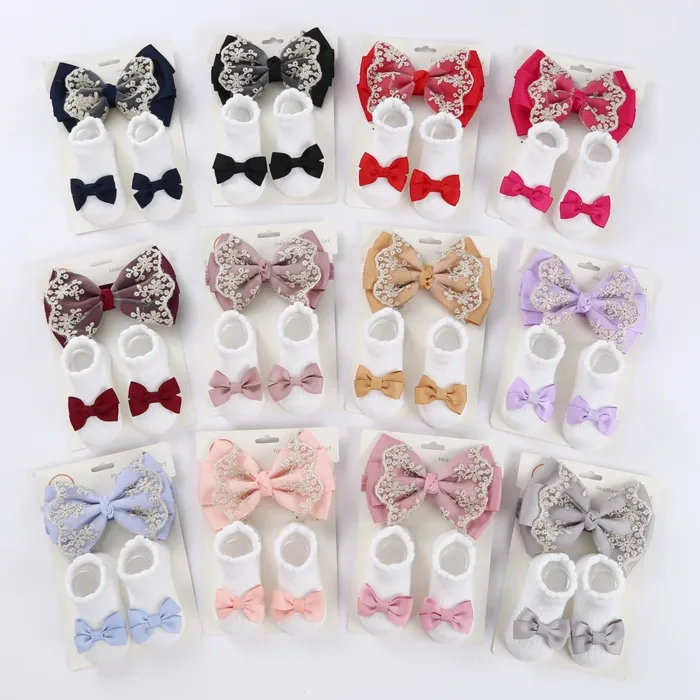 3Pcs/Set Leg Ruffled Cotton Socks Baby Girls  Kids Clothing with Lacework Toddlers Cotton Hair Ribbon Bows Sock Elastic Hairband - Image 6