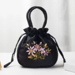 Small Women Bucket Bag Top Handle Ladies Handbag Phone Bag Summer Purse National Style Embroidered Flower Pattern Drawstring Bag - Image 7