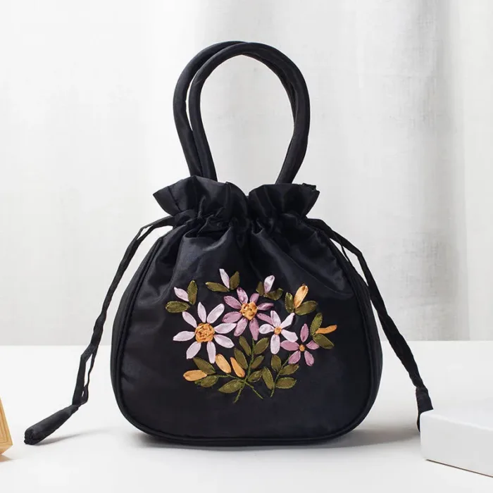 Small Women Bucket Bag Top Handle Ladies Handbag Phone Bag Summer Purse National Style Embroidered Flower Pattern Drawstring Bag - Image 7