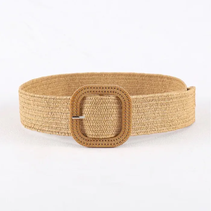 Vintage Bohemian Square Buckle Elastic Braided Belts Women Summer Wild Linen Weave Fake Straw Waist Belt Dress Shirt Decoration - Image 1