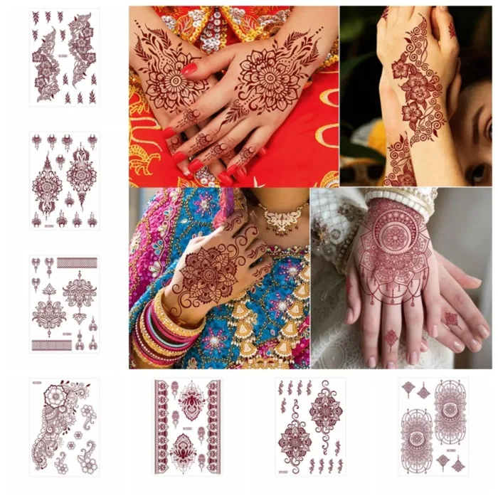 Red Lace Henna Tattoo Sexy Maroon Tattoo Stickers Waterproof India Mehndi Design Temporary Tattoos Finger Hand Tattoo for Women - Image 3