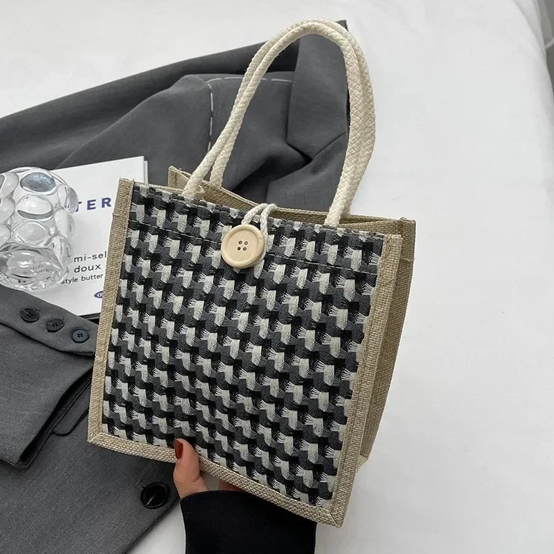 S1ef8629c29254674b23b1432d0ec43005.webp Women Woven Handbag Tote Bag Korean Style Ladies Button Handheld Linen Bags Button/Zipper Handheld Linen Bags Small Shopping Bag - Image 1