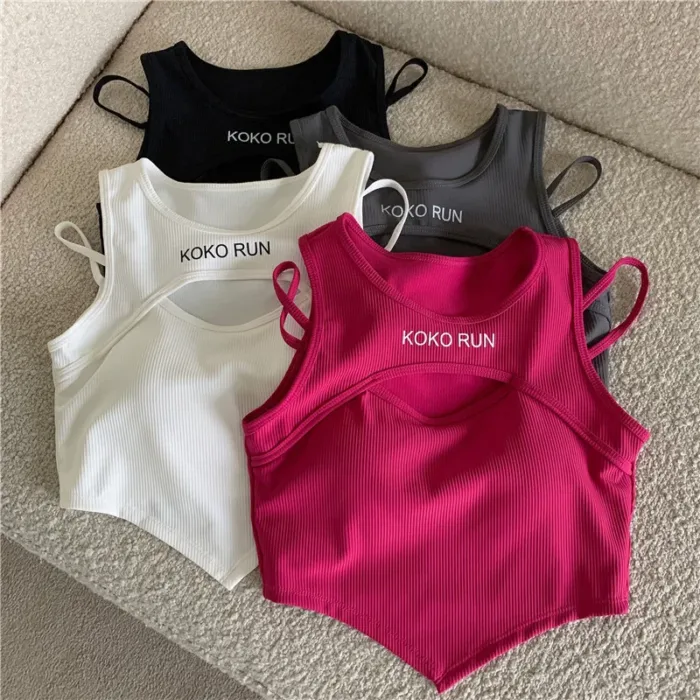 Casual Crop Tops Women Knit Irregular Tops Hollow Out Camisole Spicy Girl Outfit Female Fake Two Pieces Tank Tops with Bra Pad - Image 2