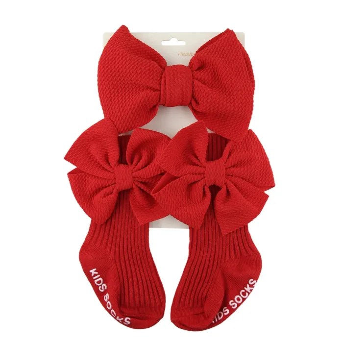3Pcs/Set Big Bullet Bow Baby Headbands Elastic Nylon Hairbands Anti-Slip Socks Long Knee Cotton Sock 0-12M Maternity Clothing - Image 8