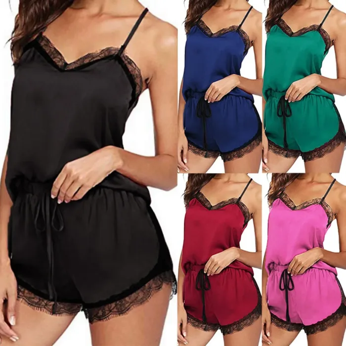 Women Summer Sexy Pajama Sets Sleepwear Sleeveless Strap Nightwear Lace Trim Satin Cami Top Brand Pijamas Strapless Pyjama Femme - Image 2