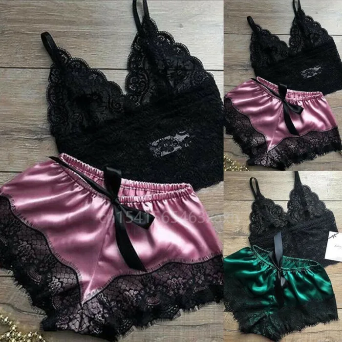 Womens Sexy Lace Sleepwear Lace Nachtkleding Lingerie Sleeveless V-Neck Babydoll Pajamas Set Lingerie Tops Shorts Set Nightwear - Image 1